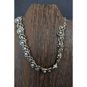 Vintage Trifari Silver Tone Faux Pearl Smoky‎ Grey Rhinestone Swirl Necklace